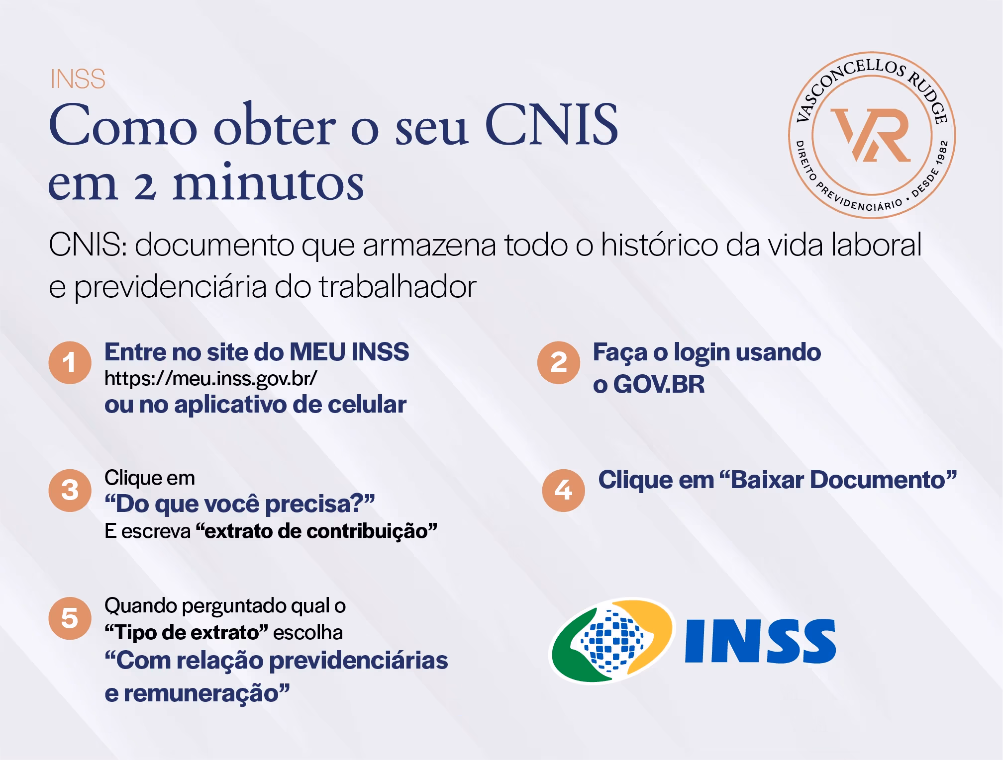 INSS - Como obter o seu CNIS em 2 minutos. CNIS: documento que armazena todo o histórico da vida laboral e previdenciária do trabalhador; 1) Entre no site do MEU INSS (meu.inss.gov.br) ou no aplicativo de celular; 2) faça o login usando o gov.br; 3) clique em "Do que você precisa?" e escreva extrato de contribuição; 4) Clique em "Baixar documento"; 5) quando perguntado qual o "tipo de extrato" escolha "com relação previdenciárias e remuneração"
