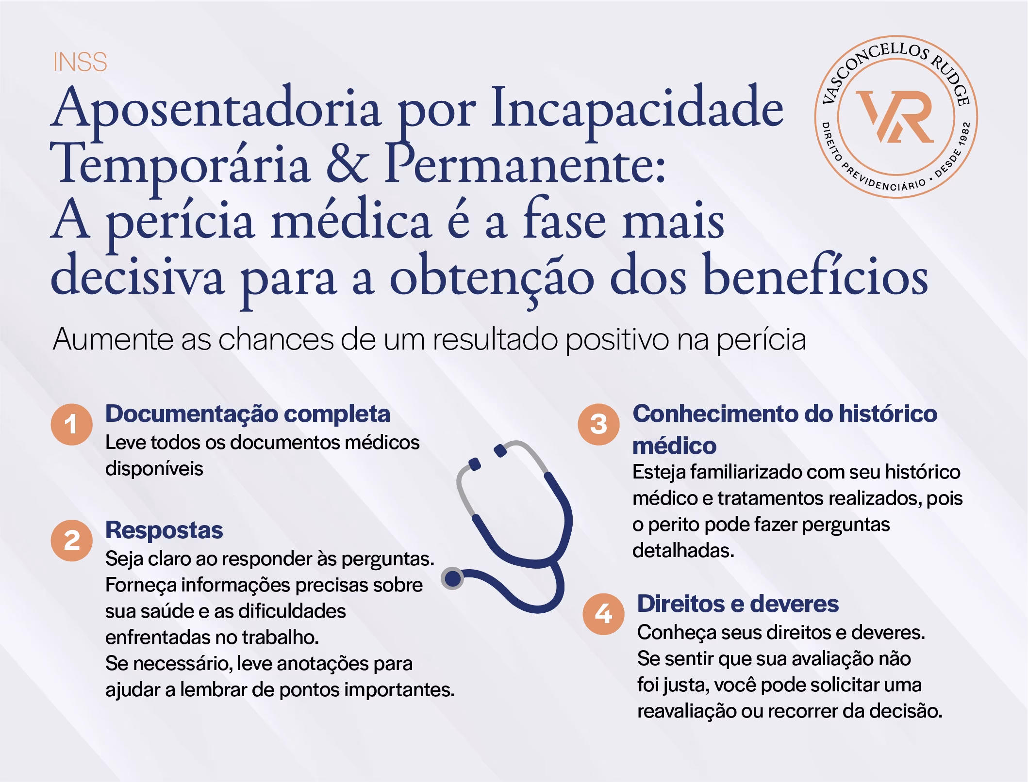 INSS - Incapacidade temporária e permanente: A perícia médica é a fase mais decisiva para a obtenção dos benefícios: Aumente as chances de um resultado positivo na perícia. 1) Documentação completa, leve todos os documentos médicos disponíveis; 2) respostas, seja claro ao responder às perguntas. Forneça informações precisas sobre sua saúde e as dificuldades enfrentadas no trabalho. se necessário, leve anotações para ajudar a lembrar de pontos importantes; 3) conhecimento do histórico médico, esteja familiarizado com seu histórico médico e tratamentos realizados, pois o perito pode fazer perguntas detalhadas; 4) direitos e deveres, conheça seus direitos e deveres. se sentir que sua avaliação não foi justa, você pode solicitar uma reavaliação ou recorrer da decisão. 