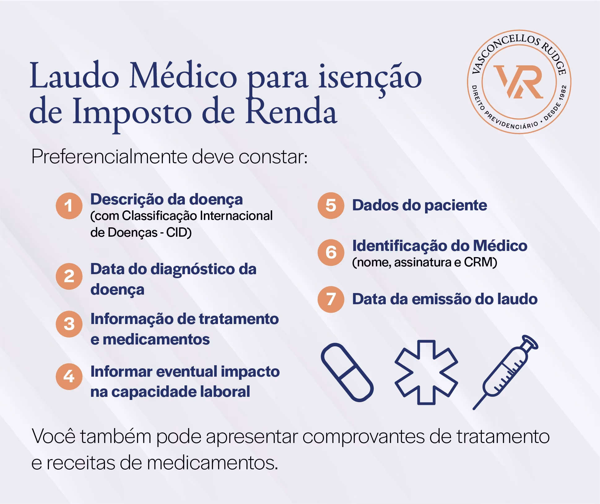 Laudo médico para isenção de imposto de renda. Preferencialmente deve constar: 1) descrição da doença (com classificação internacional de doenças - CID); 2) Data do diagnóstico da doença; 3) informação de tratamentos e medicamentos; 4) Informar eventual impacto na capacidade laboral; 5) dados do paciente; 6) Identificação do médico (nome, assinatura e CRM); 7) Data da emissão do laudo; Você também pode apresentar comprovantes de tratamento e receitas de medicamentos