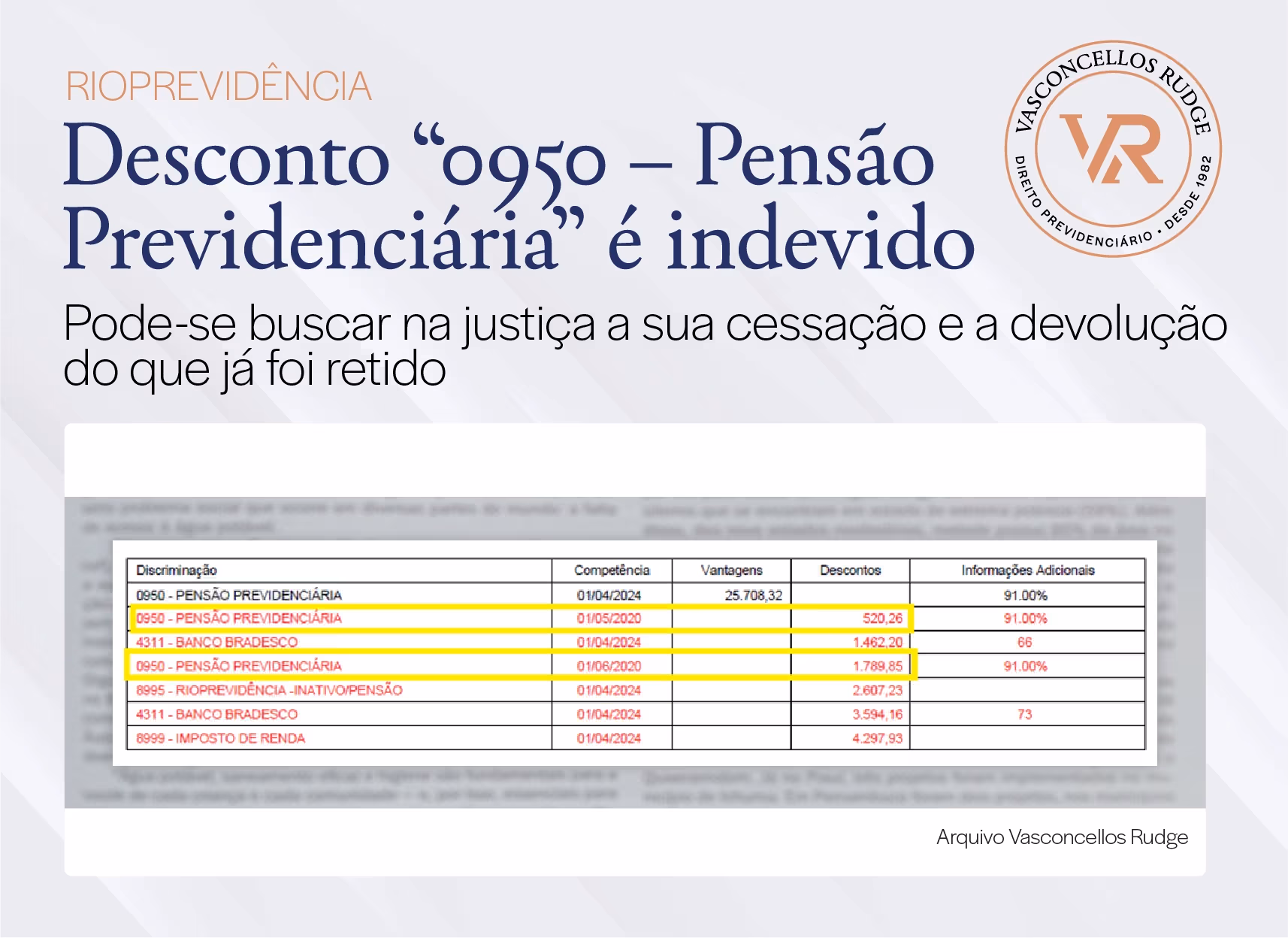 RioPrevidência - Desconto "0950 - Pensão Previdenciária" é indevido. Pode-se buscar na justiça a sua cessação e a devolução do que já foi retido